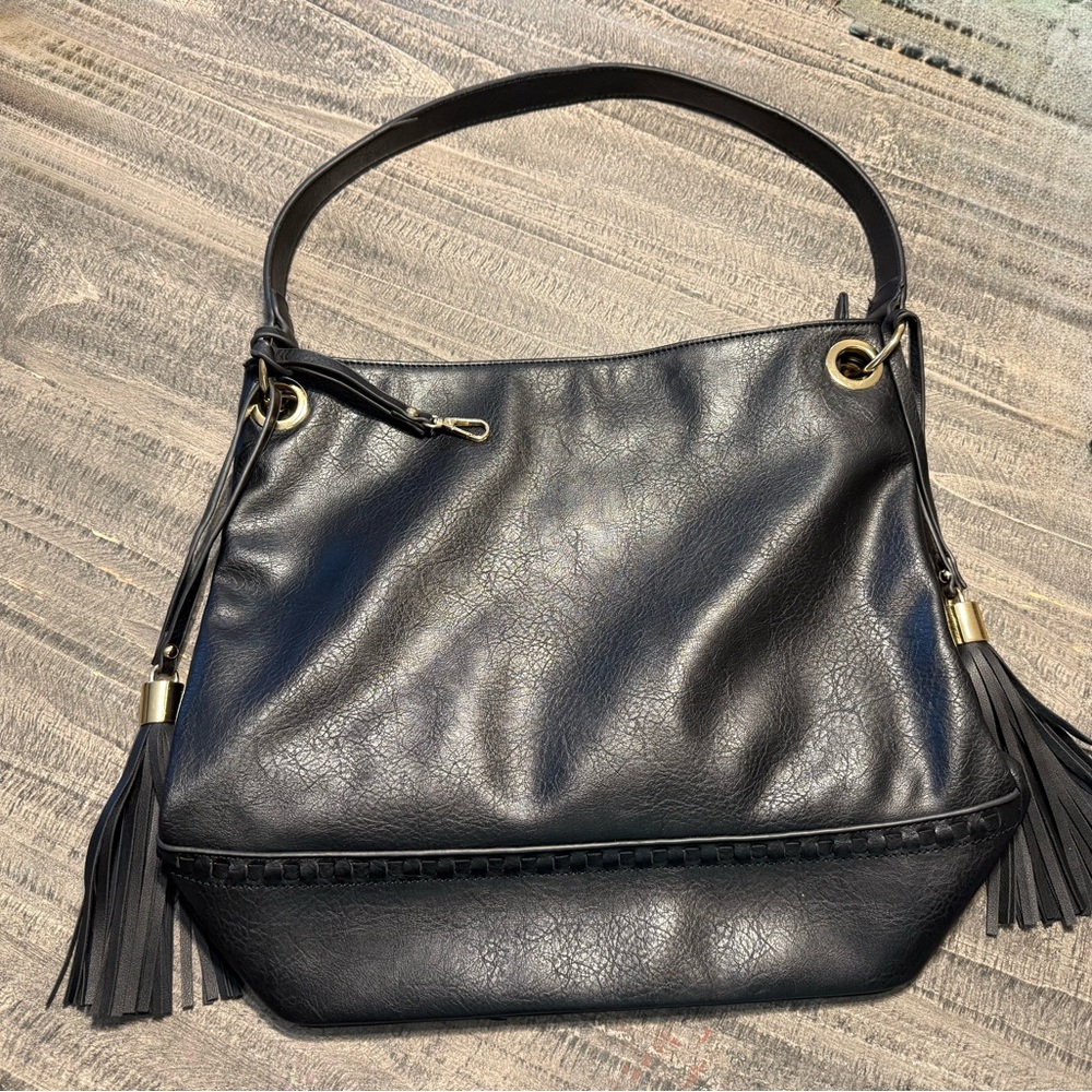 Slick Black Hobo Bag with Tassels